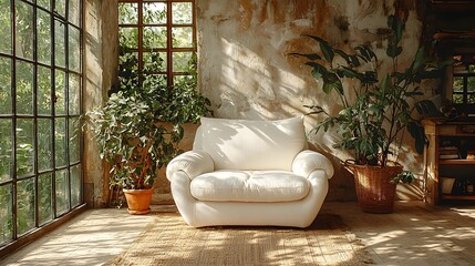 Poster - Serene and elegant studio environment featuring a plush white sofa chair with natural light streaming in
