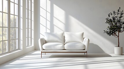 Aufkleber - Sunlit minimalist white studio room with a modern white sofa chair placed in the center featuring soft shadows and a clean bright background that creates a sense of serenity and comfort