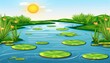 © sennauli - A tranquil river scene with lush green grass, water lilies, and a bright sun shining in the sky.