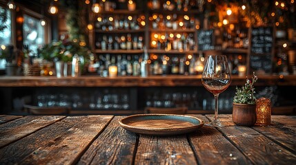 Fototapete - Warm and Cozy Countryside Bar Backdrop with Rustic Wooden Table Setting featuring a Vintage Plate and Inviting Ambiance for a Relaxing Dining or Drinking Experience