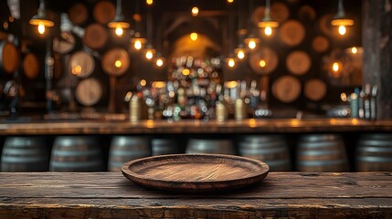 Fototapete - Warm and Cozy Rustic Bar Interior Featuring a Wooden Plate on a Table Surrounded by Barrels and Vintage Lighting Fixtures for a Inviting Ambiance