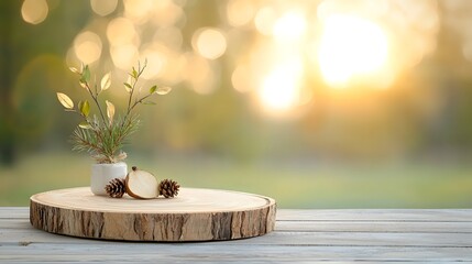 Fototapete - Warm and glowing bokeh surrounds a natural wooden plate highlighting its rustic textures and creating a cozy serene background element for various design and lifestyle compositions