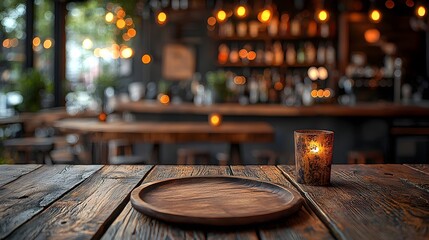 Fototapete - Warm and inviting countryside bar setting with a rustic wooden table plate and glowing bokeh lighting creating a cozy and relaxing atmosphere