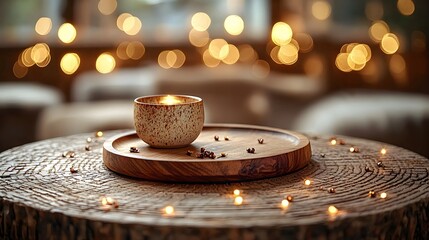 Aufkleber - Warm and Inviting Countryside Bar Setting with a Wooden Plate on a Textured Table Surrounded by Glowing Golden Bokeh Lights for a Serene and Tranquil Ambiance