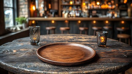 Fototapete - Warm and inviting rustic bar setting featuring a wooden plate placed on a detailed weathered countryside table in the foreground surrounded by glowing bokeh lighting and a cozy comfortable ambiance