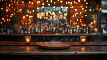Fototapete - Warm and Inviting Rustic Bar Setting with a Wooden Plate and Table in the Foreground Surrounded by Glowing Bokeh Lights for a Cozy and Festive Ambiance