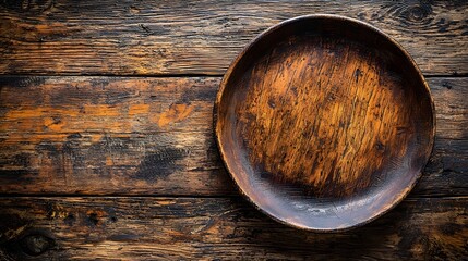 Fototapete - Warm and inviting weathered wooden plate resting on a rustic countryside tabletop background creating a cozy vintage inspired scene ideal for rustic themed product mockups branding