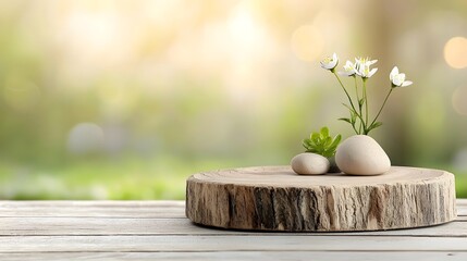 Poster - Warm bokeh glow surrounds a wooden plate used as a side background emphasizing its natural textures and rustic appeal  The image showcases the beauty of simple organic design elements in a peaceful