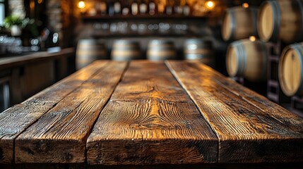 Fototapete - Warm and rustic countryside bar setting with a weathered wooden table in the foreground and barrels in the background creating a cozy and industrial atmosphere