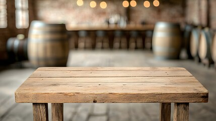 Fototapete - Weathered Wooden Table with Rustic Finish Set Against a Dimly Lit Backdrop of a Countryside Bar Interior Featuring Brick Walls and Barrels