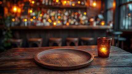 Fototapete - Wooden plate and table in the foreground of a cozy rustic bar scene surrounded by a soft glowing bokeh effect for a warm and inviting atmosphere
