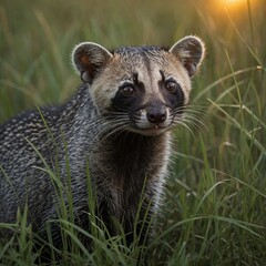 Wall Mural - A civet with bright eyes peeking from behind tall grass in a savanna at sunrise.