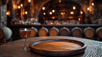 Fototapete - Wooden plate placed on a textured table in the foreground with a cozy countryside bar featuring barrels and dim lighting in the background creating a warm and inviting atmosphere