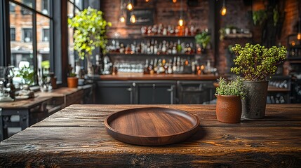Fototapete - Wooden plate resting on a natural wood table in a cozy rustic bar setting surrounded by warm lighting and vintage decor elements that create a welcoming intimate ambiance