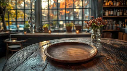 Fototapete - Wooden plate resting on a rustic wooden table in the foreground surrounded by a dreamy bokeh glow in a cozy countryside bar setting  The warm