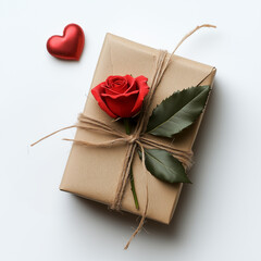 Wall Mural - gift, present decorated with red rose and heart shape on white background top view. valentine's day,