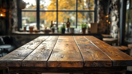 Fototapete - Wooden table board in the foreground of a cozy and inviting countryside bar setting with a rustic and charming atmosphere in the background