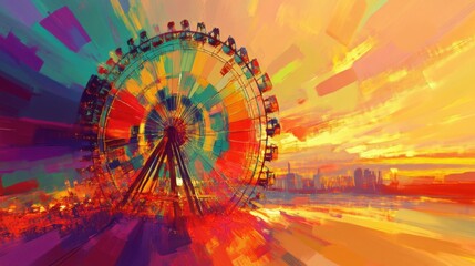 Wall Mural - playful depiction of a colorful ferris wheel at sunset, vibrant and artistic composition, dynamic and cheerful focus, bold and inviting design