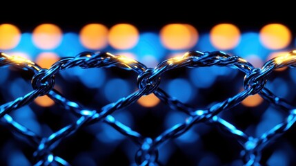 Illuminated wire mesh with bokeh background.