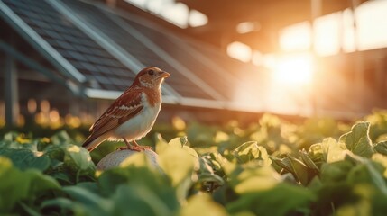 a bird perched on a rock amidst vibrant greenery, bathed in the warm glow of sunset with solar panel