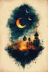 Wall Mural - Night scene: crescent moon, mosque, stars, watercolor.