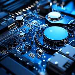 Poster - Explore the Intricate Details of a Blue Circuit Board With Components Reflecting Modern Technology and Design