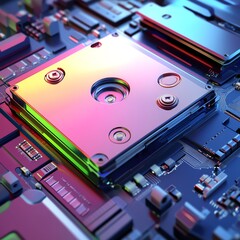 Poster - Close-up View of a Modern Computer Chip With Colorful Metallic Surface and Intricate Circuit Details