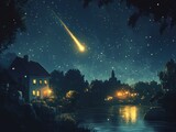 Serene night landscape with stars and a shooting comet over water.