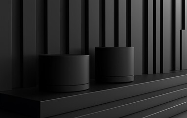 Poster - Two black cylindrical containers on a black geometric background.