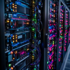Poster - Colorful Server Racks Illuminated With Bright Lights in a Modern Data Center Environment at Night