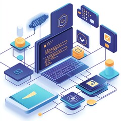 Poster - Digital Workspace Showcasing Modern Technology and Coding Practices With Interconnected Elements