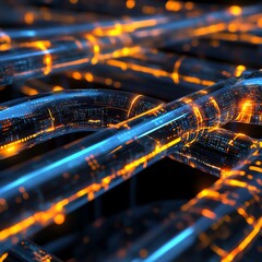 Poster - Intricate Network of Glowing Tubes Illustrating Advanced Technology and Innovation in a Futuristic Setting