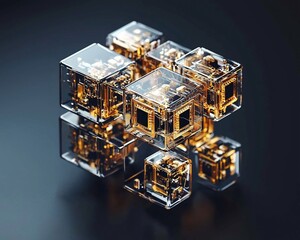 Poster - Abstract 3D rendering of interconnected transparent cubes with golden internal mechanisms.