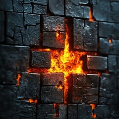 Poster - Fire and Stone Merge to Create a Striking Visual Display of Glowing Embers and Darkened Blocks