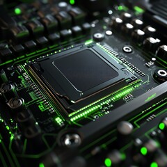 Poster - Circuit Board With Green Illumination Showcasing Advanced Technology Components in a Close-Up View