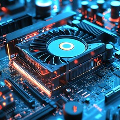 Poster - Close-up View of a High-Performance Graphics Card on a Circuit Board Illuminated by Blue and Orange Lights