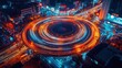 © zui - Long exposure aerial view of a circular road in a city at night with vehicle light trails