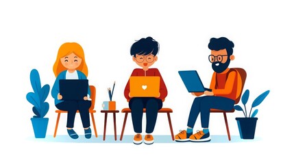 Poster - Group of people using laptops while sitting in a modern workspace with plants