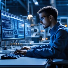 Poster - Engineer Analyzes Data in a High-Tech Workspace During Late Evening Hours
