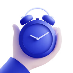 Aufkleber - A 3D rendered image shows a cartoon hand holding a blue alarm clock against a white background.