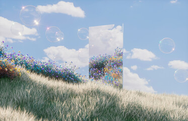 Leinwandbilder - Abstract spring flowers landscape scene with mirror reflection and soap bubbles. 3d rendering.