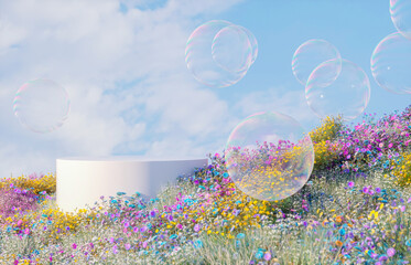 Poster - Abstract spring flowers landscape scene with white podium and soap bubbles. 3d rendering.