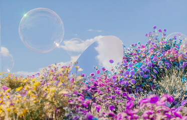Poster - Abstract spring flowers landscape scene with mirror reflection and soap bubbles. 3d rendering.
