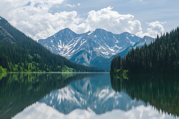 Wall Mural - Tranquil mountain lake reflecting serene peaks