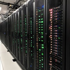 Poster - Data Center Infrastructure With Illuminated Servers Showcasing Advanced Technology and Organized Layout in a Modern Facility