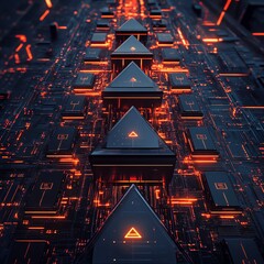 Poster - Exploring a Futuristic Circuit Landscape With Glowing Pyramids and Intricate Pathways