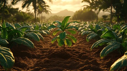 Wall Mural - Lush green tobacco plant growing in a field at sunset.