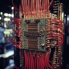 Poster - Close-up of an Intricate Circuit Board With Tangled Red Wires in a Complex Electronic Device Assembly