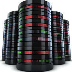 Poster - Data Storage Towers Illuminated by Colorful LED Lights in a Modern Technology Environment