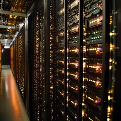 Poster - Data Center With Glowing Server Racks Illuminated in a High-Tech Environment at Night